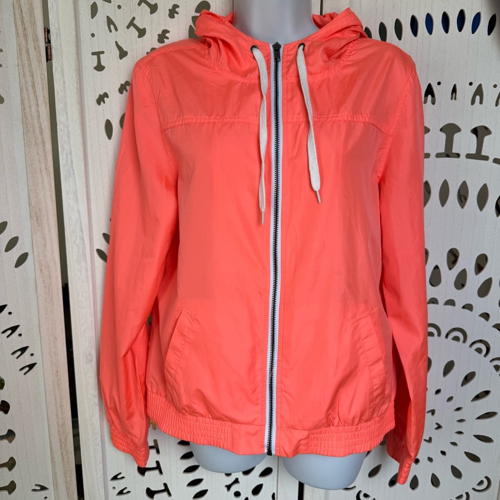 Zine Women’s Neon Coral Lightweight Hooded Jacket Size L | Full Zip Windbreaker